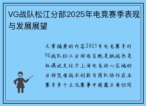 VG战队松江分部2025年电竞赛季表现与发展展望